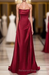 A-Line Sleeveless Wine Red Satin Evening Dress, Wine Red Long Semi Formal Prom Dress